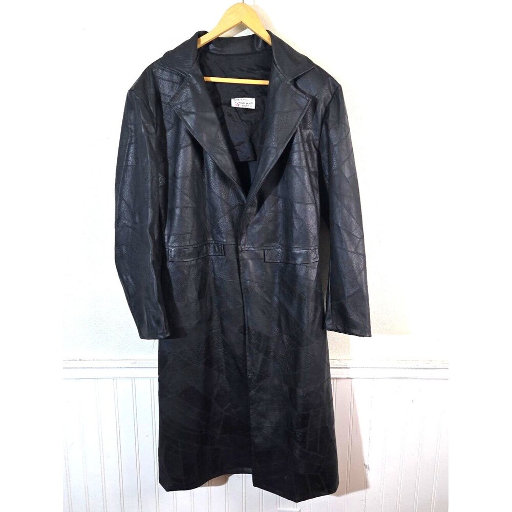 Vintage Hollywood Babe Faux Leather Trench Coat Long Duster Patchwork Goth Y2K